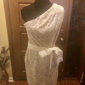 Tadashi Shoji Beige Striped 1 Shoulder Dress NWT 8
